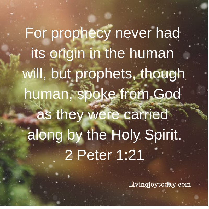 for prophecy never had its origin in the human will, but prophets, though human, spoke from god as they were carried along by the holy spirit. 2 peter 1_21 (1)